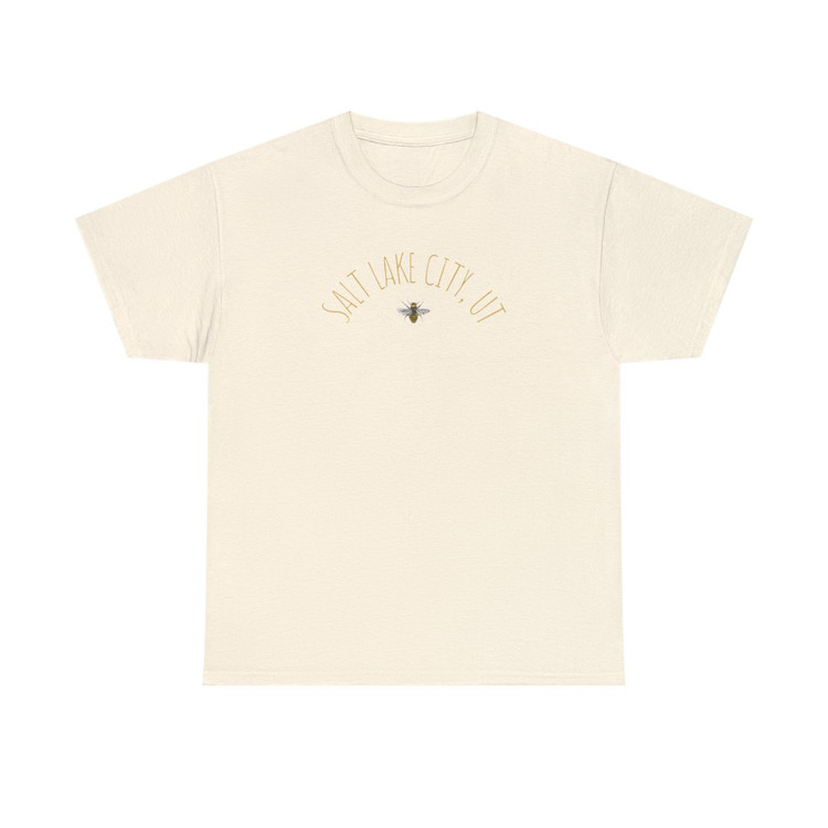 Salt Lake City, UT Bee T-Shirt with gold and black bee beehive UTAH design on natural tee
