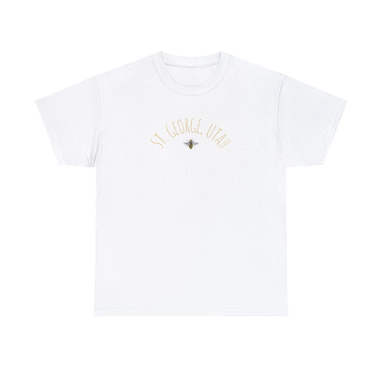 St. George, Utah Bee T-Shirt with gold and black bee design. Utah - the beehive state. St. George, Utah bee t-shirt design on white or natural tees.