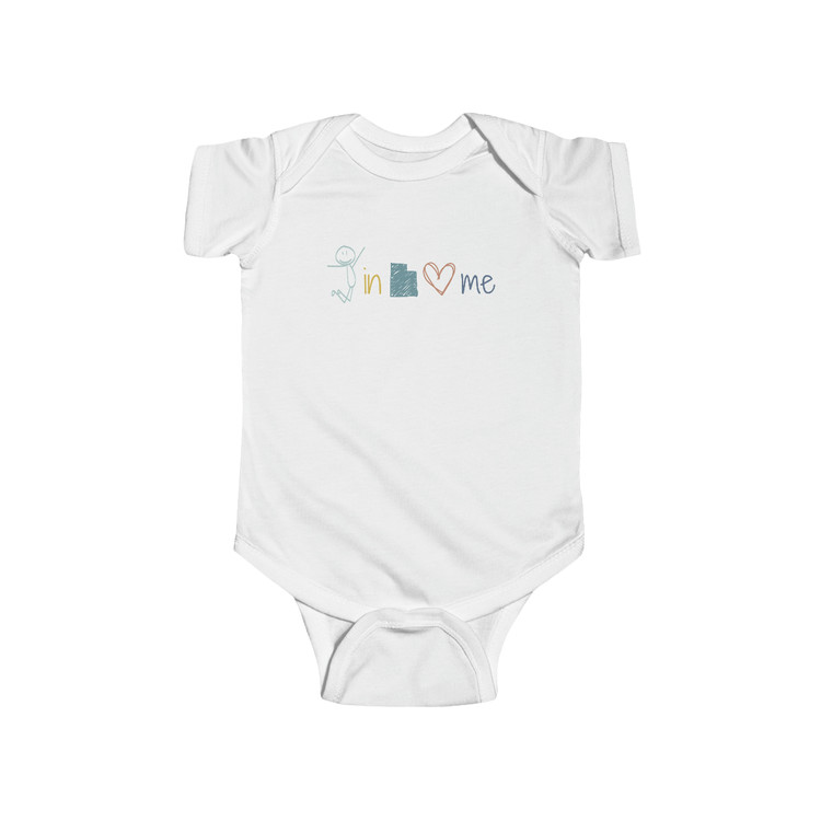 Someone in Utah Loves Me Baby Onesie with fun blue kid's drawing style in white.