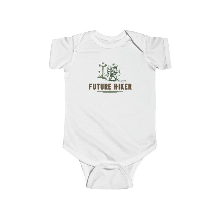 Future Hiker - Baby Child Onesie with baby hiker in greens and brown on white onesies.
