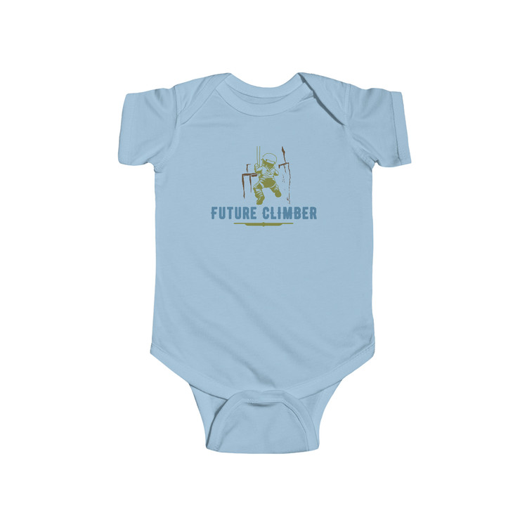 Future Climber - Baby Child Onesie with baby climber in greens and blues on light blue onesies.