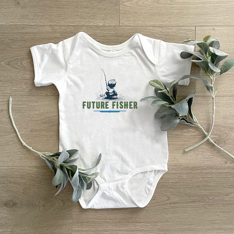 Future Fisher - Baby Child Onesie with baby fisher in greens and blues on white onesies.