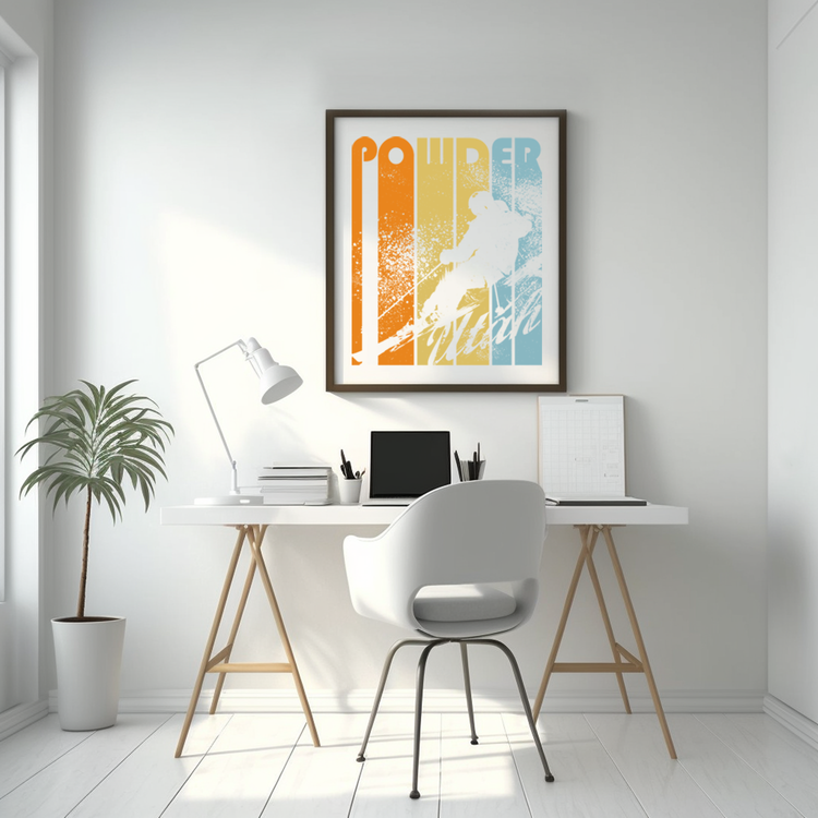 Ski POWDER Utah Poster modern retro mid-century ut Art Print on white with orange mustard yellow and teal blue