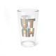UTAH Mod Pint Glasses, 16oz  teal and orange colors. 16 ounce drinkware, pint drinking glasses, with blue and orange striped "UTAH" letters for a modern design.
