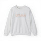 UTAH Maze Unisex Sweatshirt in white, ash, dark gray, navy with orange maze like lettering in a light blue box design established 1896