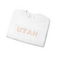 UTAH Maze Unisex Sweatshirt in white, ash, dark gray, navy with orange maze like lettering in a light blue box design established 1896