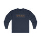 UTAH Maze Long Sleeve Tee Shirt established 1896 orange blue design on royal blue, kelly green, navy blue and white long sleeved t-shirt