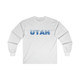 UTAH blue shockwave long sleeved t-shirt design, white and blue souvenir UT tee shirts
