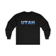UTAH blue shockwave long sleeved t-shirt design, black souvenir UT tee shirts