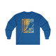 Ski Powder Utah retro vintage style Long Sleeve royal blue Tee Shirt with orange, mustard yellow and aqua blue skier t-shirt