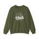 Bloom in the Desert "UTAH" Sweatshirt. Military green sweatshirt with prickly pear cactus flowering in white.