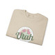 Bloom in the Desert "UTAH" Sweatshirt. Tan sweatshirt with prickly pear cactus flowering in green and pink.