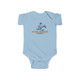 Future Shredder - Baby Child Onesie with baby snowboarder in blues and orange on white, light blue and pink onesies.