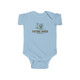 Future Hiker - Baby Child Onesie with baby hiker in greens and brown on light blue onesies.