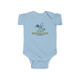 Future Mountain Biker - Baby Child Onesie with baby mountain biker in greens and blues on light blue onesies.