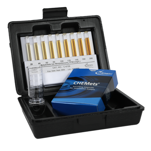 Kit comes in a plastic case and contains everything needed to perform 30 tests for the measurement of molybdate in water: Refill, Comparator, 25 mL sample cup, and instructions.