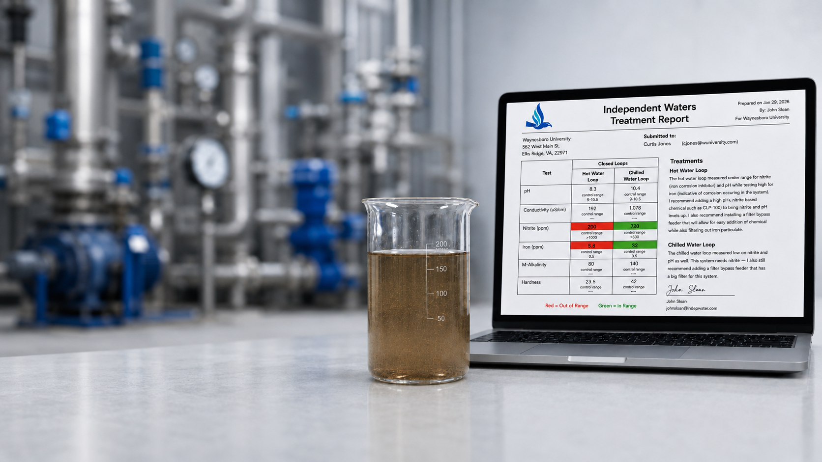 Muddy closed loop water sample beside an Independent Water treatment report