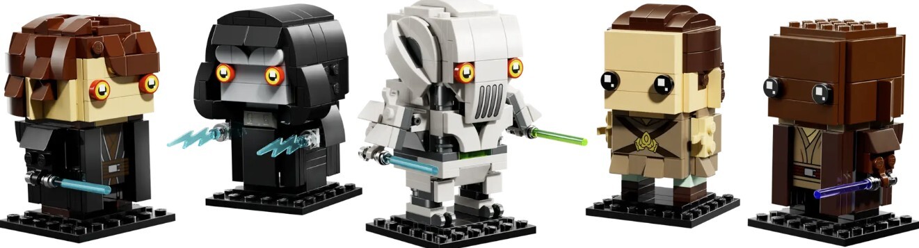 Anakin, Padmé, General Grievous, Palpatine, and Mace Windu BrickHeadz from LEGO 40796 on display stands