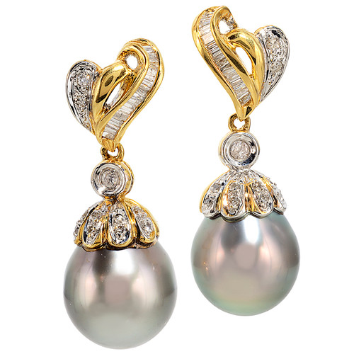 Post & wire back ; Cultured Tahitian Pearls ~ 11 mm diameter; Diamonds 0.51 cts - details below