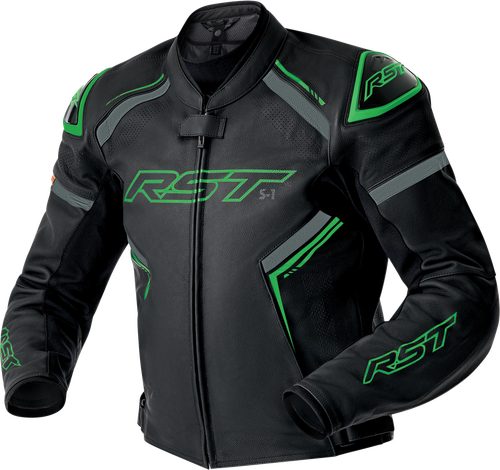 S1 D3O LEATHER JACKET BLK/GRY/FLO GRN LG