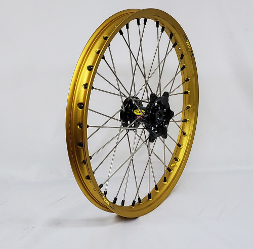 WHEEL FRONT 1.60X21 BLACK HUB GLD RIM/SIL SPOKE/BLK NIPPLE