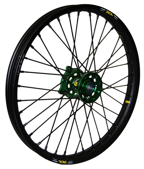 WHEEL FRONT 1.60X21 GREEN HUB BLK RIM/SIL SPOKE/SIL NIPPLE
