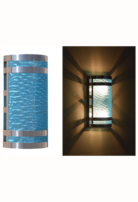 Stainless steel wall sconce with aqua moire pattern diffuser