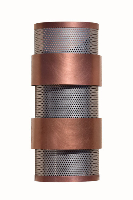 Perforated Ziggurat wall light shown in perforated stainless steel with medium antique copper trim.