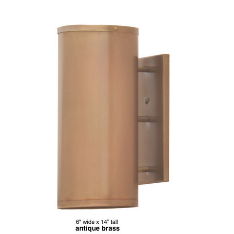Full Cylinder wall sconce shown in light antique brass 6" wide, 14" tall
The finish on this solid brass fixture is sealed for years of lasting beauty.  For salty environments you may want to opt for our solid brass mounting hardware available at this link:  https://www.lightcrafters.com/solid-brass-cross-bar/