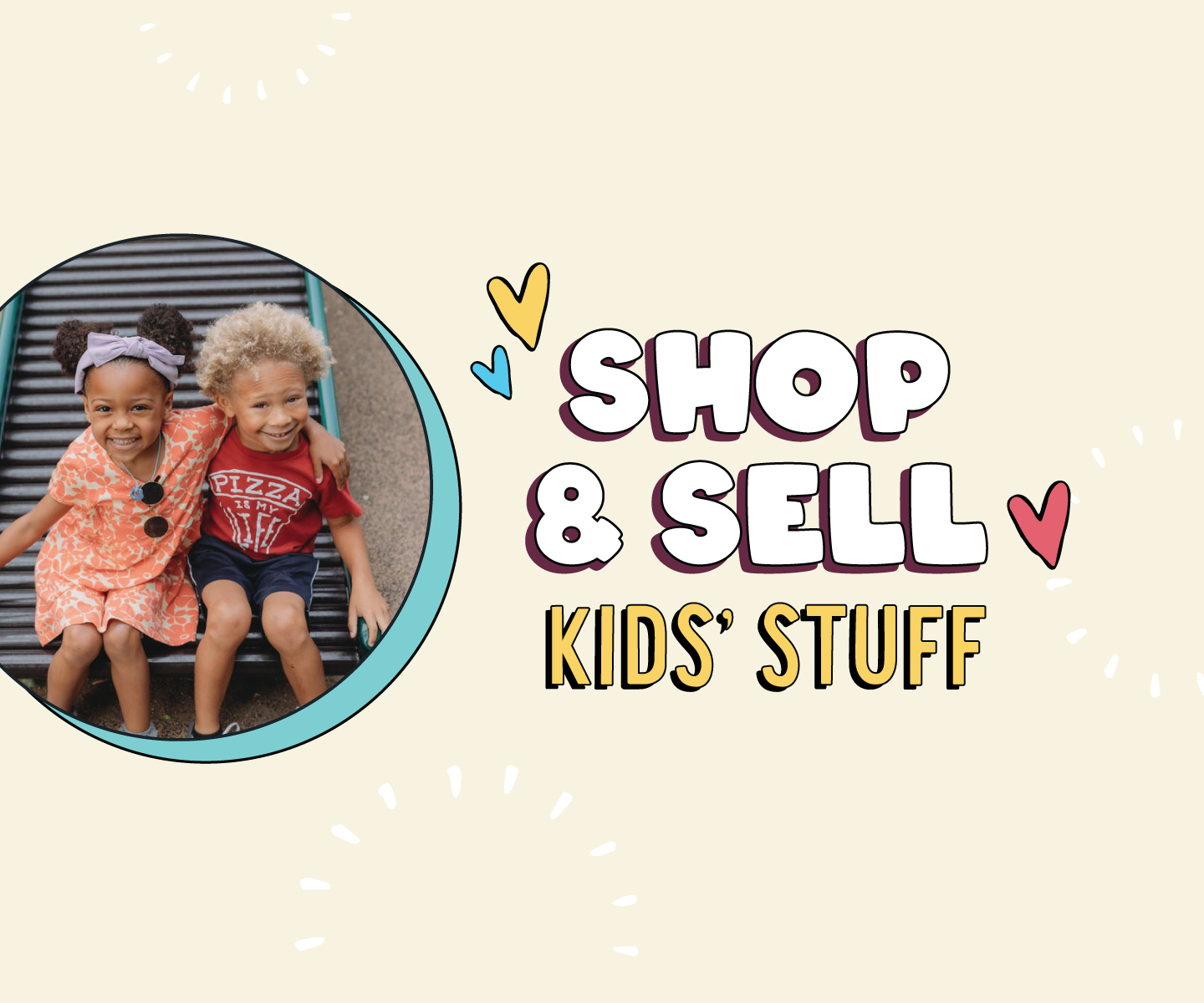 kids outside smiling with text that reads "shops and sell kids' stuff" with heart graphics