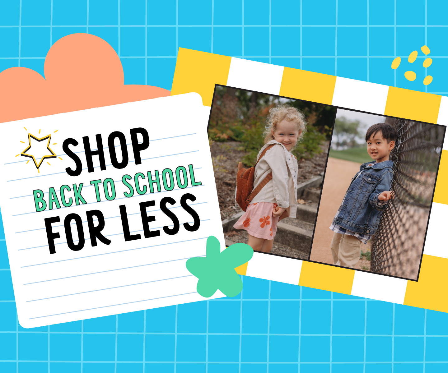 two kids in school clothes with the words shop back to school for less