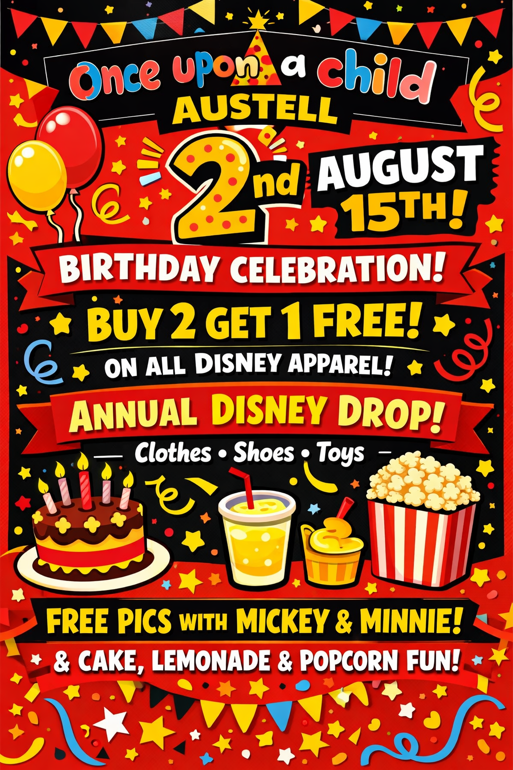 Birthday celebration flyer for once upon a child’s anniversary