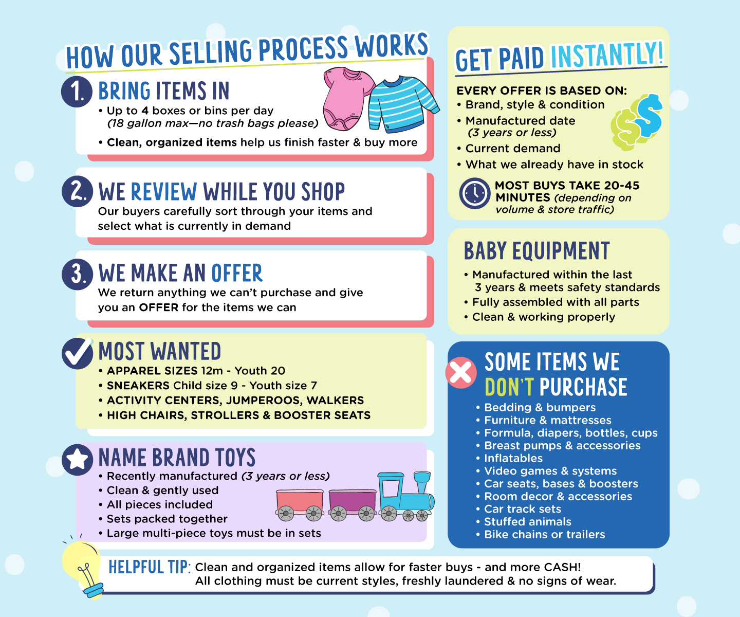 Selling tips: We Buy All Seasons, All Year Long! Get Paid Today! Cash on the Spot! No Waiting • No Appointments • No Consignment. We review your items during your visit and pay 20-40% of what we’ll sell them for - immediately. Choose CASH or in-store credit.