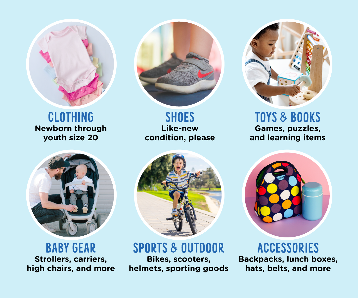 Items We Buy: Clothing, Shoes, Toys, Books, Baby Gear, Sports & Outdoor Equipment, and Accessories