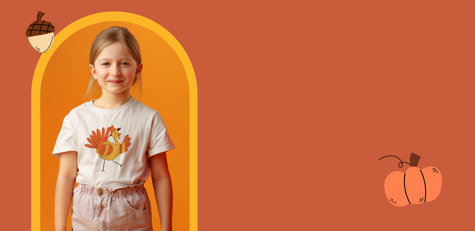 Orange fall-themed backgrounds with a smiling girl and acorn and pumpkingraphics