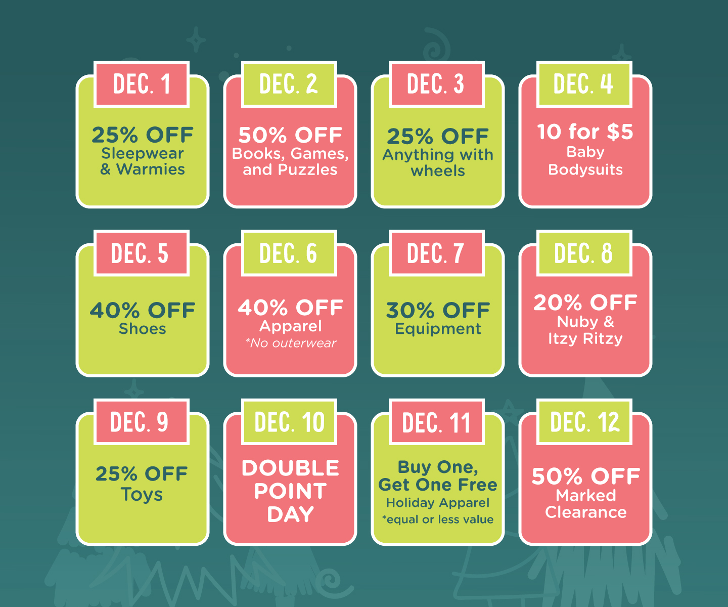 12 blocks highlighting deals in December