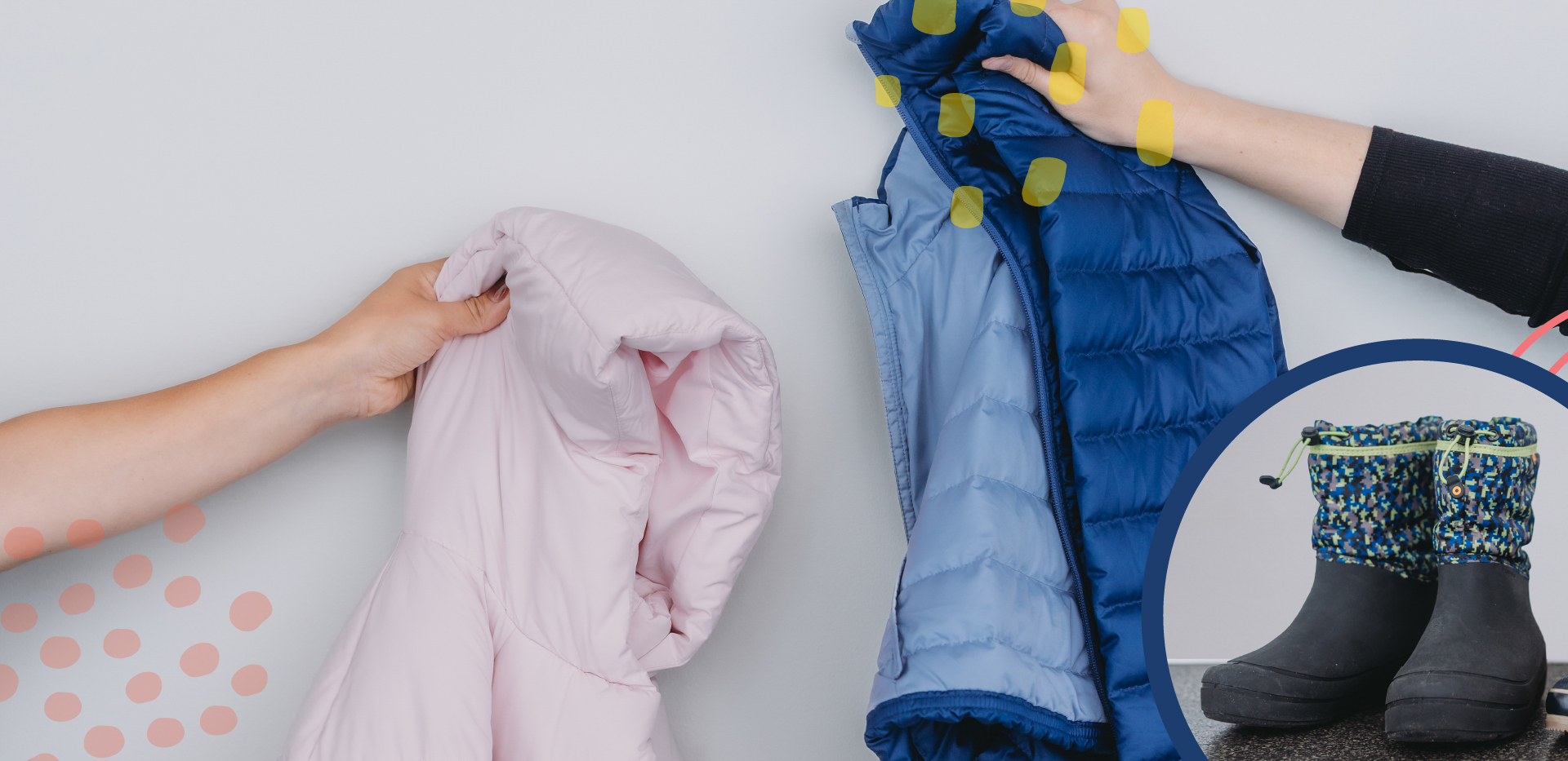 hands holding up winter coats and boots