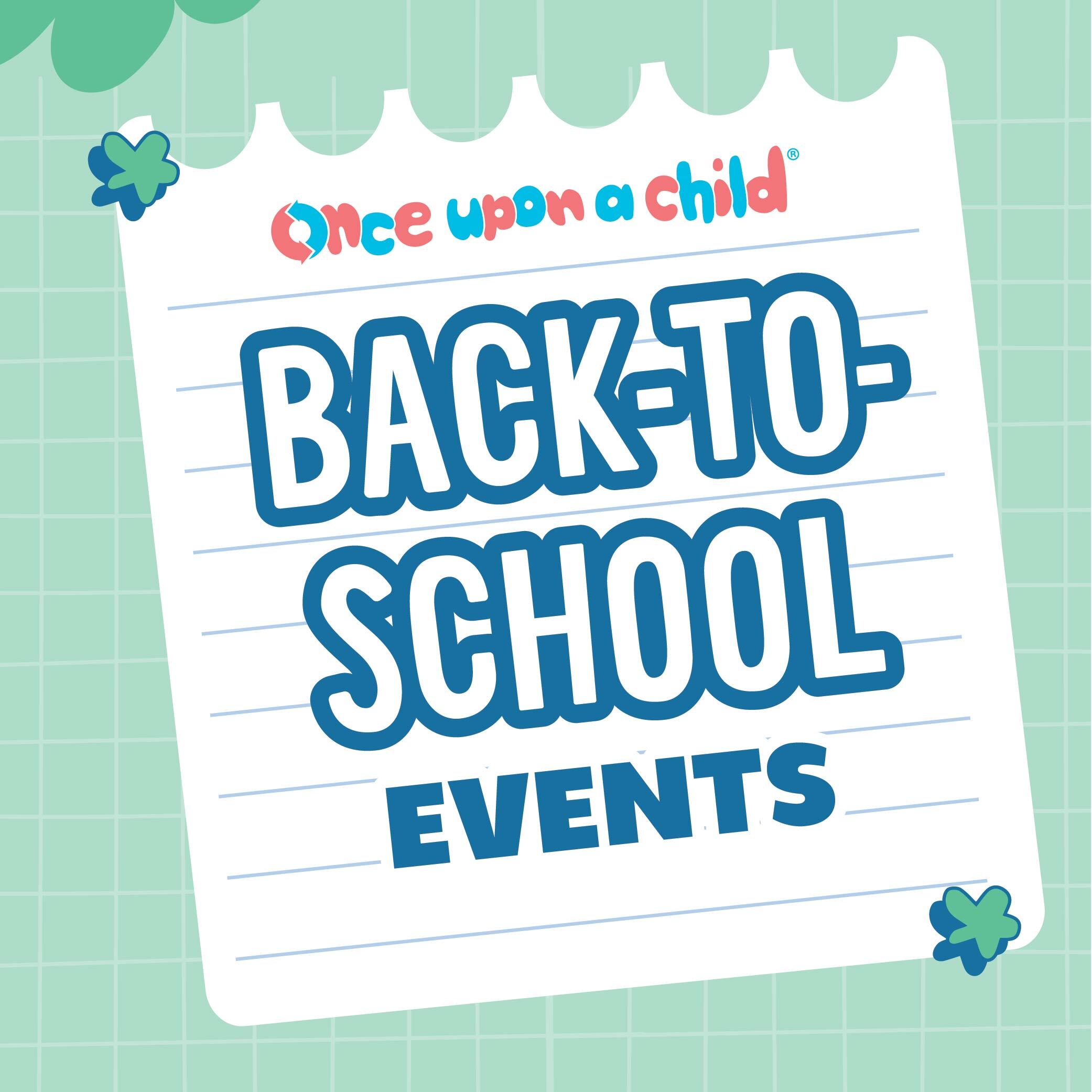 notebook paper graphic with the words "back to school events"