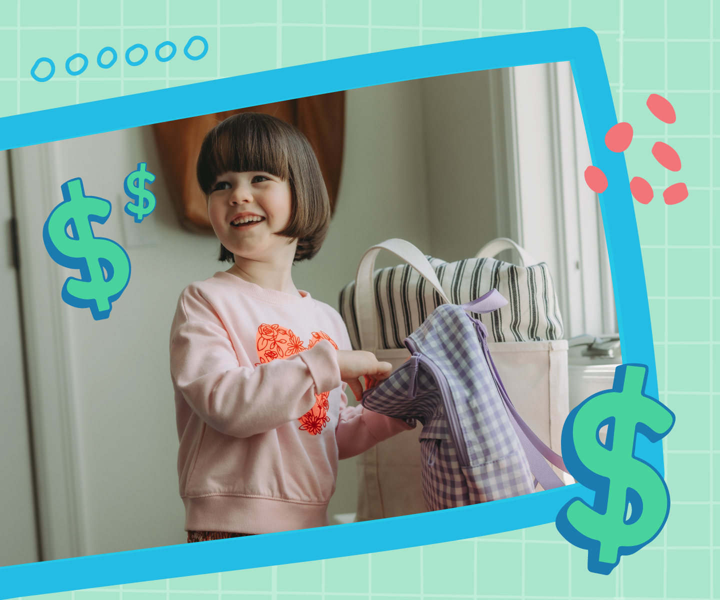little girl smiling with green dollar signs on image