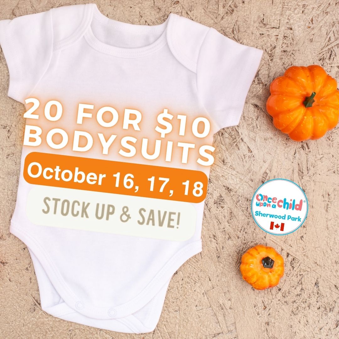 A graphic showing that OUAC's 20 for $10 bodysuit sale is happening Oct 16, 17 and 18.