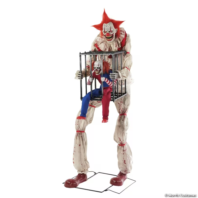 Life Size 7 Ft. Animated Cagey Clown w/ Evil Circus Clown in Cage Halloween Prop