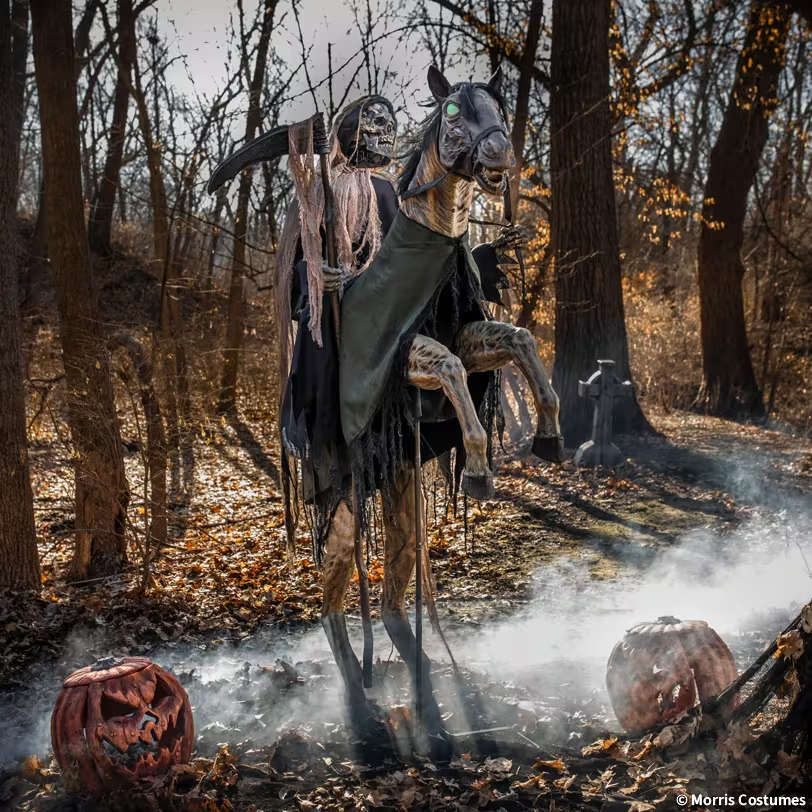 Life Size nearly 7 Ft. Animated Reaper's Ride On Horse Reaper Halloween Prop