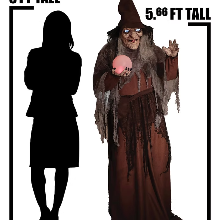 Life Size 68" Animated Soothsayer Witch Grasps a Mystical Ball Halloween Prop