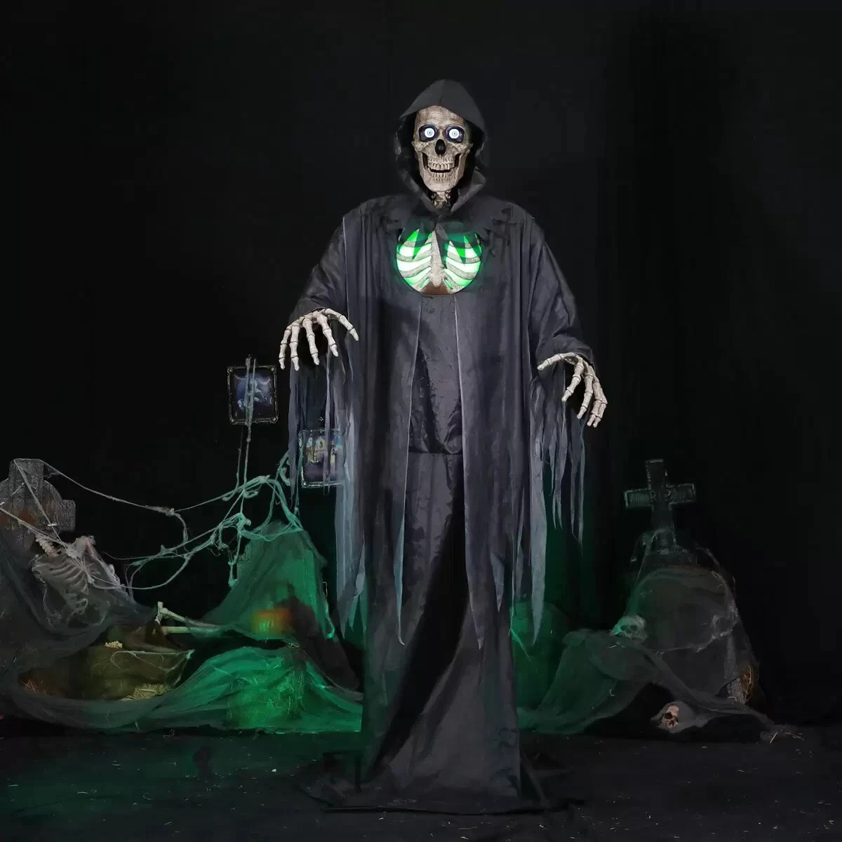 Huge 10' Towering Reaper Animated Skeleton Halloween Moving Prop w/ Digital Eyes