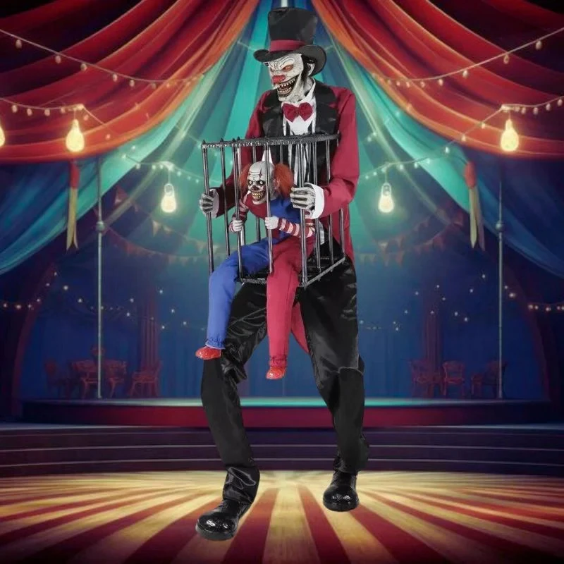 Life Size 7 Ft. Animated Cagey Rotten Ringmaster w/ Clown in Cage Halloween Prop
