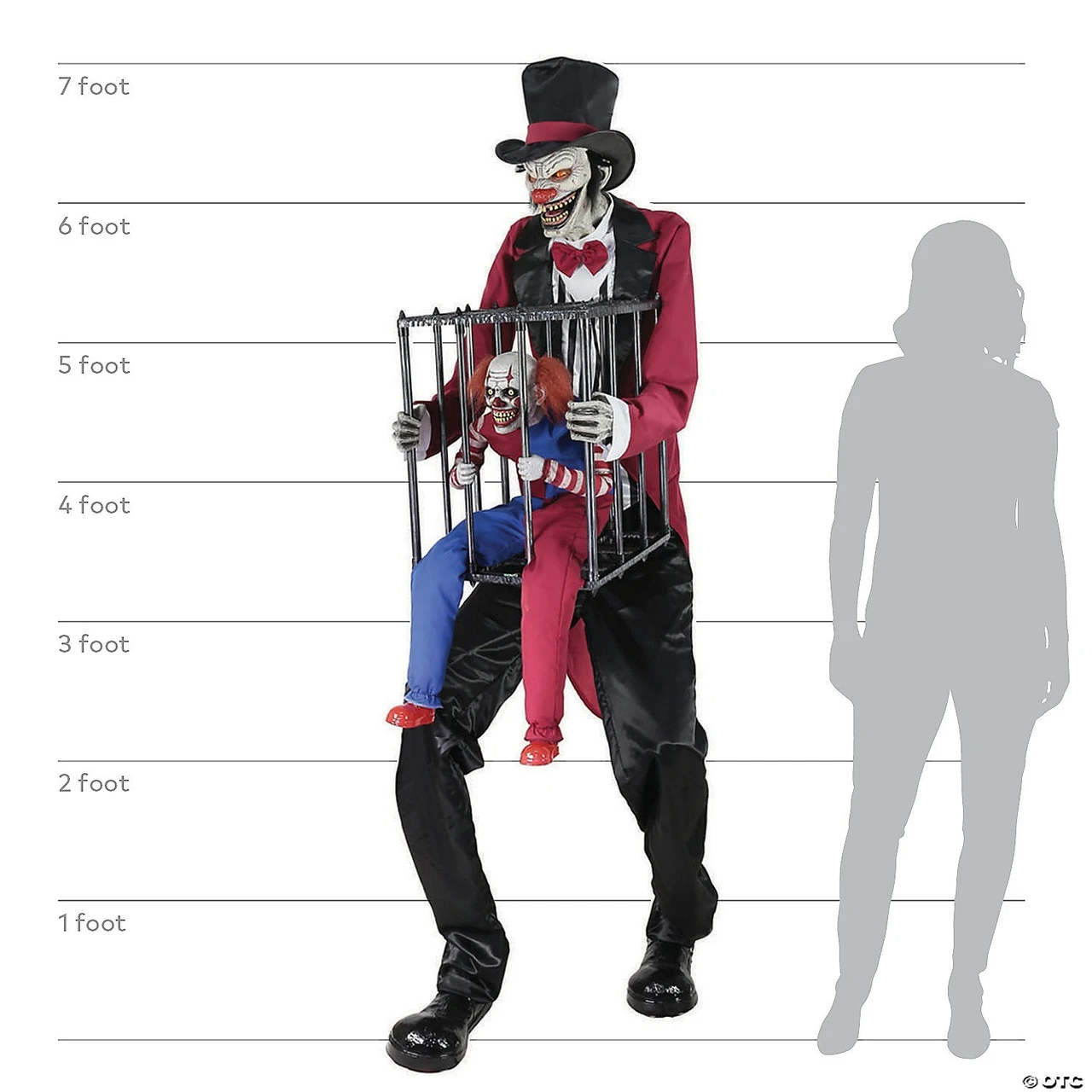Life Size 7 Ft. Animated Cagey Rotten Ringmaster w/ Clown in Cage Halloween Prop
