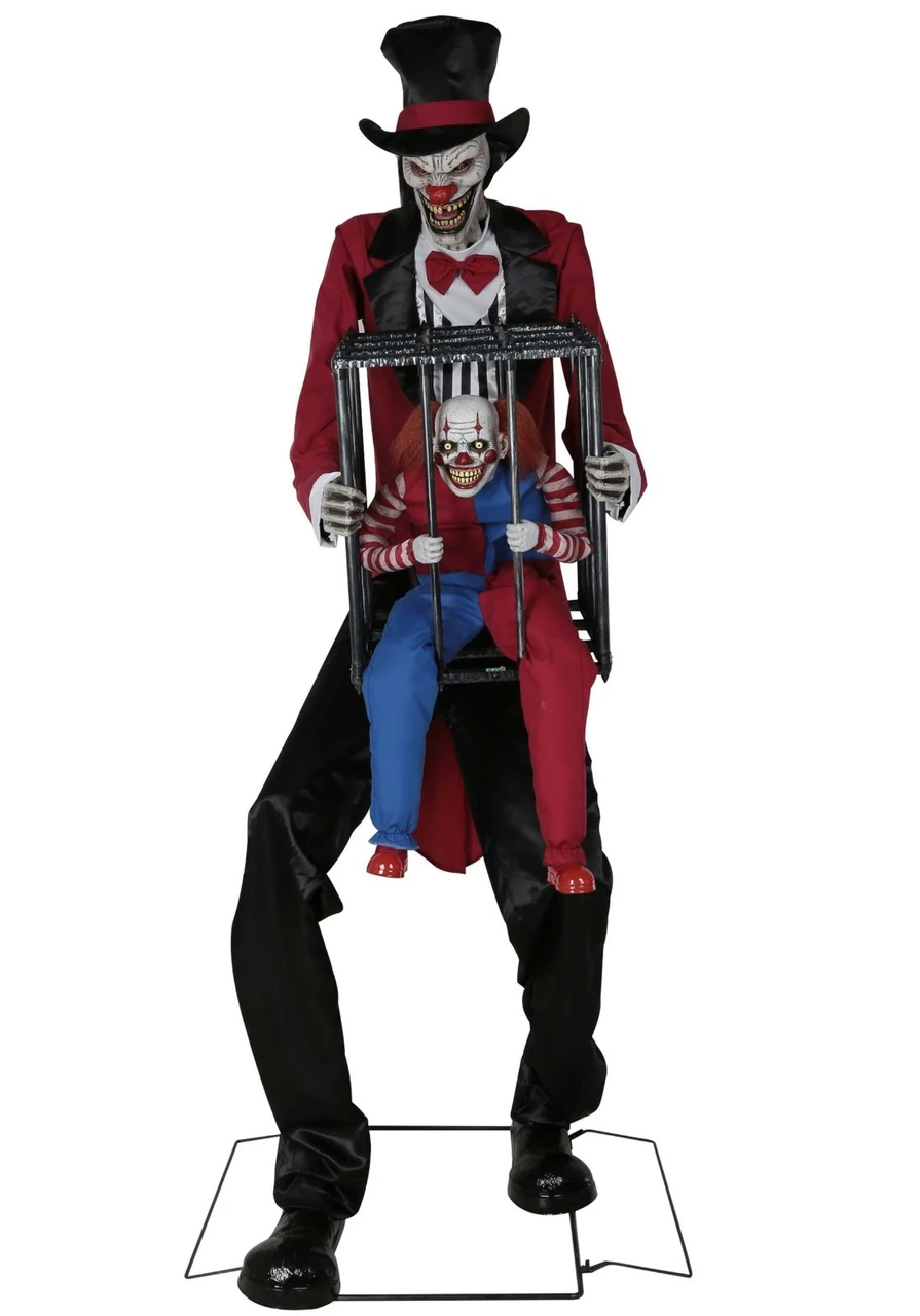 Life Size 7 Ft. Animated Cagey Rotten Ringmaster w/ Clown in Cage Halloween Prop