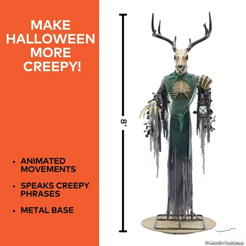 8 Ft. Animated Skeleton Forest Cult Creature with Horns Halloween Prop Decor
