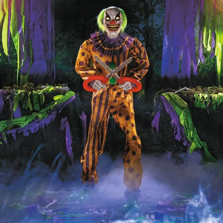 6 Ft. Animated Yellow & Black Snippers the Circus Evil Clown with Light-up Eyes & Sound Halloween Prop Decor