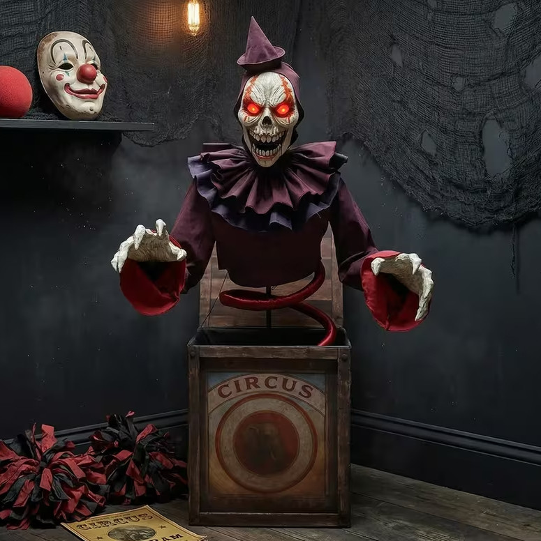 5 Ft. Animated Skeleton Clown Mechanical Jack-in-the-Box Halloween Prop